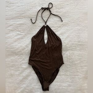 Adika Brown Ribbed Halter Bodysuit